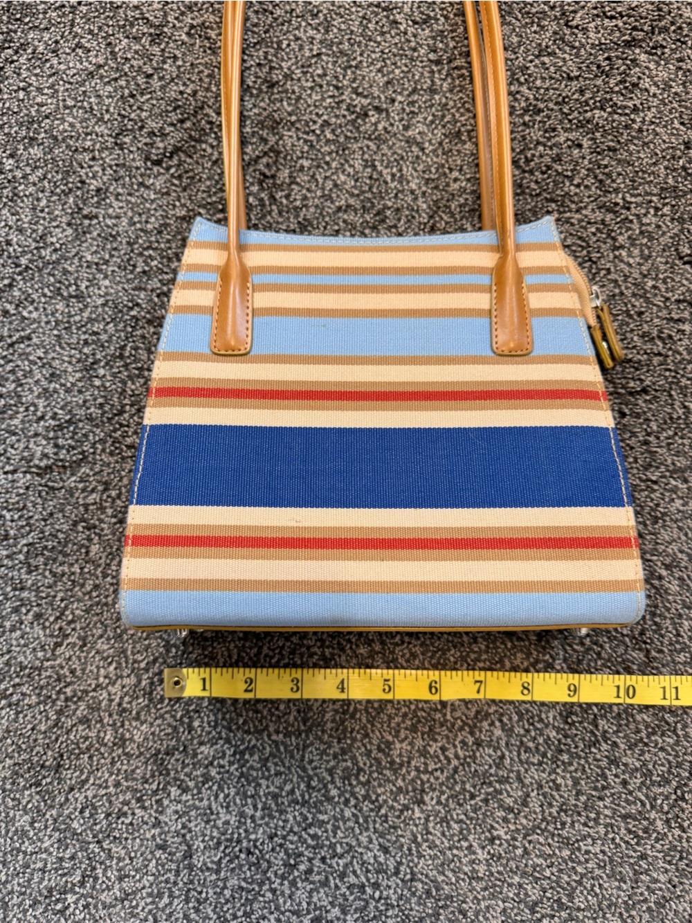 Striped Small Canvas Shoulder Bag Blue Tan Rust Minor Wear Faux Leather Strap - Picture 12 of 16